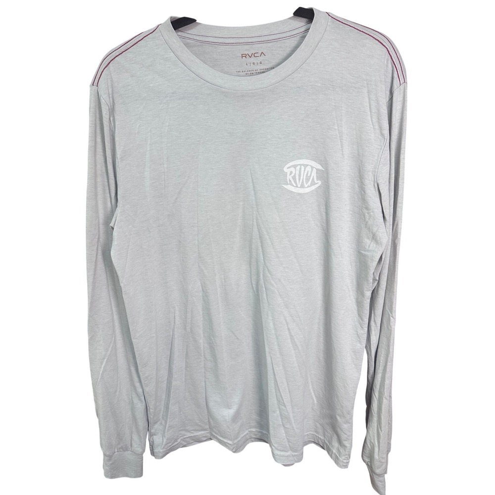 RVCA Mens Long Sleeve Graphic T-Shirt Gray Large Logo Spellout Striped Shoulder